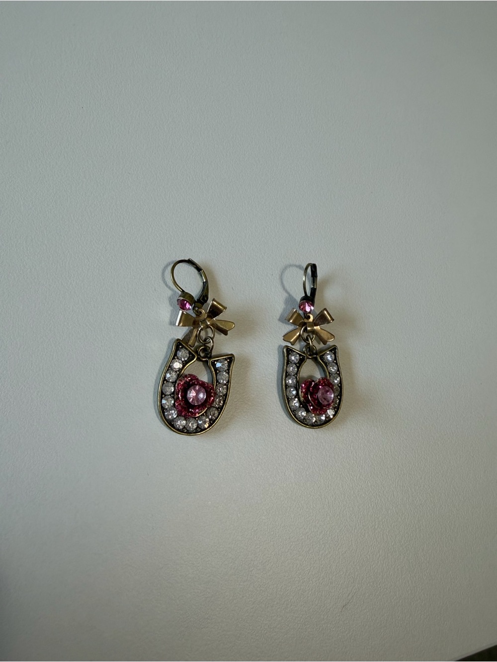 Betsey Johnson Pink Crystal Horseshoe & Bow Drop Earrings